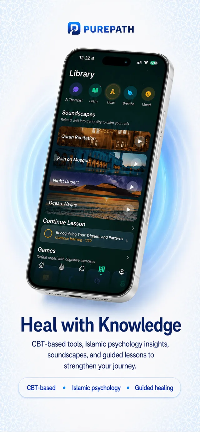 Pure Path library screen with Islamic lessons, duas, and recovery content